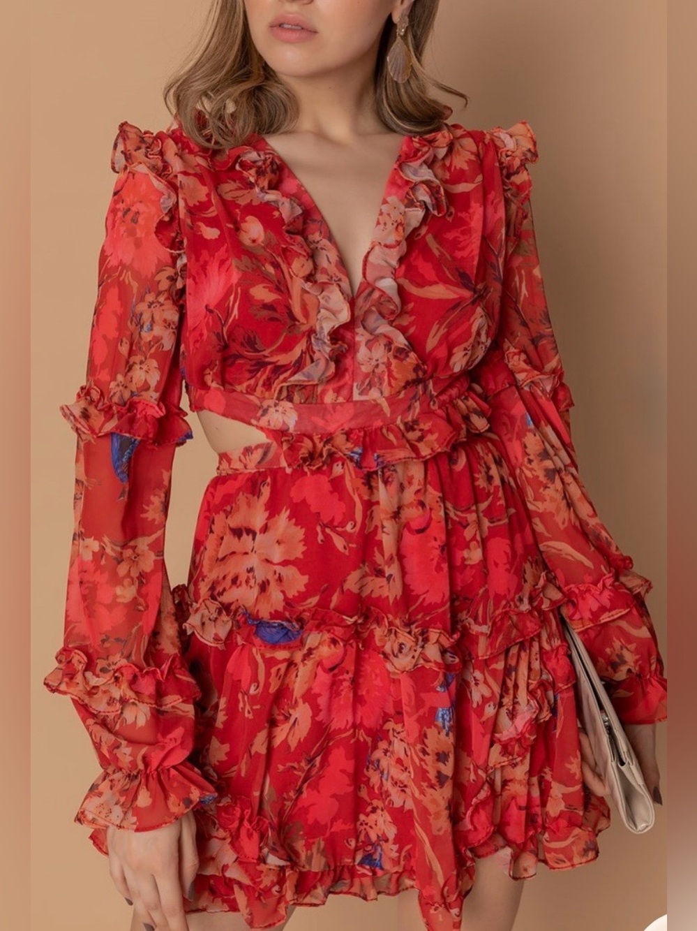 Red Floral Ruffle Mini Dress - Women